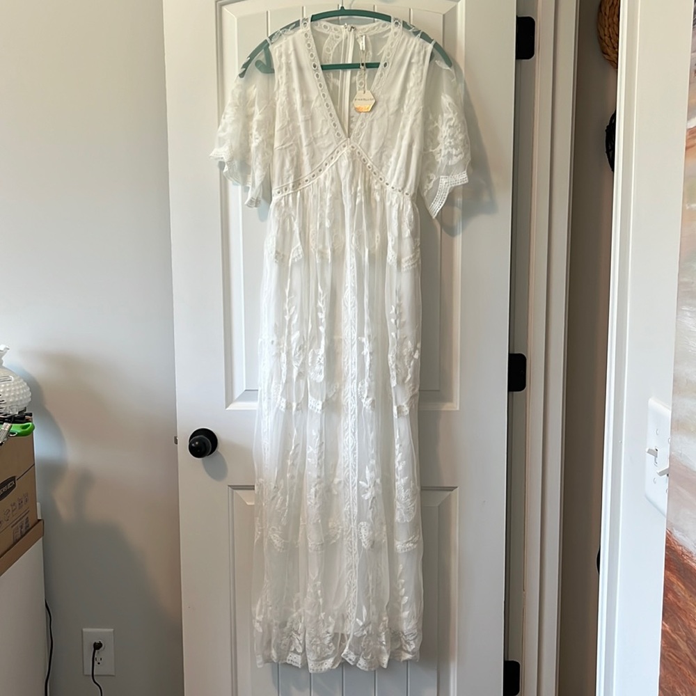PinkBlush White Lace Mesh Overlay Maternity Maxi Dress